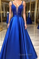 Blue v neck beads satin long Evening Prom Dresses, blue evening Dresses