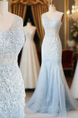 Blue V Neck Lace Tulle Long Evening Prom Dresses, Blue Lace Evening Dresses For Teens