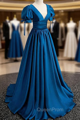 Blue V-Neck Satin Long Evening Prom Dresses, A-Line Short Sleeve Evening Dresses