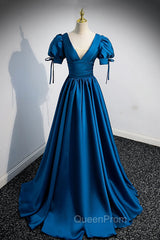 Blue V-Neck Satin Long Evening Prom Dresses, A-Line Short Sleeve Evening Dresses