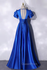 Blue V-Neck Satin Long Evening Prom Dresses, Simple Blue Evening Party Dresses