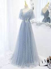 Blue v neck tulle beads long Evening Prom Dresses, blue tulle formal Dresses