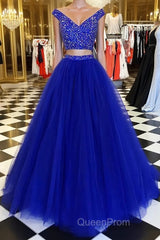 Blue v neck tulle beads two pieces long Evening Prom Dresses, blue evening Dresses
