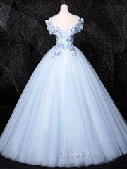 Blue V Neck Tulle Lace Long Evening Prom Dresses. Blue Sweet 16 Dresses