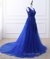 Blue V Neck Tulle Lace Long Evening Prom Dresses, Blue Evening Dresses