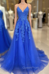 Blue V Neck Tulle Lace Long Evening Prom Dresses, Blue Tulle Evening Dresses