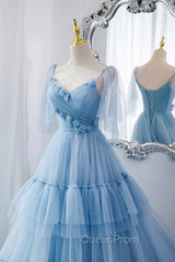 Blue V-Neck Tulle Long Evening Prom Dresses, A-Line Evening Party Dresses