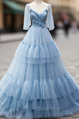 Blue V-Neck Tulle Long Evening Prom Dresses, A-Line Evening Party Dresses