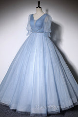 Blue V-Neck Tulle Long Evening Prom Dresses, A-Line Evening Dresses