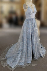 Blue V Neck Tulle Sequin Long Evening Prom Dresses, Blue Aline Evening Graduation Dresses