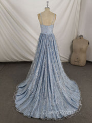 Blue V Neck Tulle Sequin Long Evening Prom Dresses, Blue Aline Evening Graduation Dresses