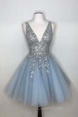 Blue v neck tulle sequin short Evening Prom Dresses, blue homecoming Dresses