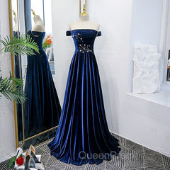 Blue Velvet Beaded Elegant Off Shoulder Evening Dresses, Blue Long Evening Prom Dresses Party Dresses
