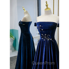 Blue Velvet Beaded Elegant Off Shoulder Evening Dresses, Blue Long Evening Prom Dresses Party Dresses