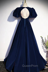 Blue Velvet Floor Length Evening Prom Dresses, Elegant Short Sleeve Evening Party Dresses