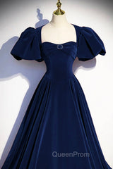 Blue Velvet Floor Length Evening Prom Dresses, Elegant Short Sleeve Evening Party Dresses