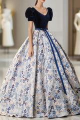 Blue Velvet Floor Length Evening Prom Dresses with Short Sleeve, Blue V-Neck Evening Dresses