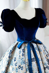 Blue Velvet Floral Long Ball Gown, A-Line Short Sleeve Evening Dresses