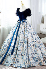 Blue Velvet Floral Long Ball Gown, A-Line Short Sleeve Evening Dresses