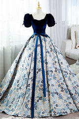 Blue Velvet Floral Long Ball Gown, A-Line Short Sleeve Evening Dresses