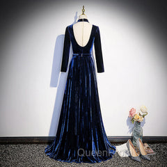 Blue Velvet Long Sleeves Floor Length Wedding Party Dresses, Blue Evening Gown