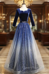Blue Velvet Sequins Short Sleeve Evening Prom Dresses