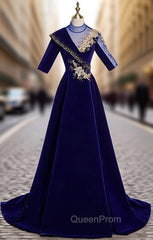 Blue Velvet Short Sleeve High Neck Appliques Evening Prom Dresses
