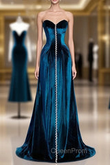 Blue Velvet Strapless Beading Evening Prom Dresses