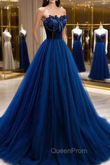 Blue Velvet Tulle Long A-Line Evening Prom Dresses, Blue Strapless Evening Dresses