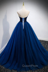 Blue Velvet Tulle Long A-Line Evening Prom Dresses, Blue Strapless Evening Dresses