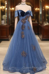 Blue Velvet Tulle Long A-Line Evening Prom Dresses, Off the Shoulder Evening Dresses