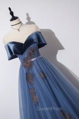 Blue Velvet Tulle Long A-Line Evening Prom Dresses, Off the Shoulder Evening Dresses