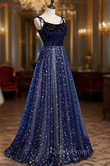Blue Velvet Tulle Long Evening Prom Dresses, A-Line Evening Party Dresses