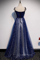 Blue Velvet Tulle Long Evening Prom Dresses, A-Line Evening Party Dresses