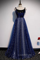 Blue Velvet Tulle Long Evening Prom Dresses, A-Line Evening Party Dresses