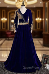 Blue Velvet V-neck Long Sleeve Gold Beading Evening Prom Dresses
