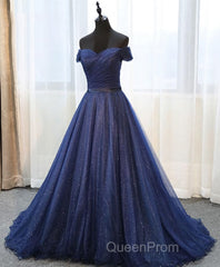 Dark Blue Shining Tulle Long Evening Prom Dresses, Evening Dresses