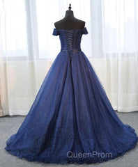 Dark Blue Shining Tulle Long Evening Prom Dresses, Evening Dresses
