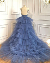 Blue V Neck Tiered Sleeveless Tulle Evening Prom Dresses, Gorgeous Long Party Dresses