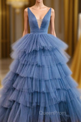 Blue V Neck Tiered Sleeveless Tulle Evening Prom Dresses, Gorgeous Long Party Dresses