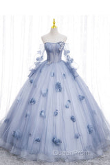 Blue Long Sleeves Tulle Evening Prom Dresses with Flowers, Puffy Off the Shoulder Quinceanera Dresses