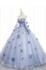 Blue Long Sleeves Tulle Evening Prom Dresses with Flowers, Puffy Off the Shoulder Quinceanera Dresses