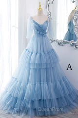 A Line V Neck New Style Tiered Long Tulle Evening Prom Dresses, Evening Gown with Flower