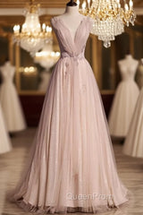 Blush Pink A-Line V-Neck Glitter Tulle With Beaded Long Evening Prom Dresses Adult Ceremony Evening Dresses