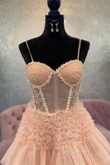 Blushing Pink Tulle Ruffle Layers Lace-Up Back A-Line Evening Prom Dresses