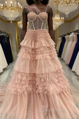 Blushing Pink Tulle Ruffle Layers Lace-Up Back A-Line Evening Prom Dresses