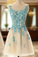Boat Neck Champagne Tulle Evening Prom Party Dresses with Blue Lace