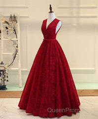 Burgundy V Neck Lace Long Evening Prom Dresses, Burgundy Evening Dresses