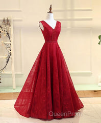 Burgundy V Neck Lace Long Evening Prom Gown Burgundy Evening Dresses