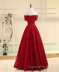 Burgundy a Line Lace Long Evening Prom Dresses, Burgundy Evening Dresses